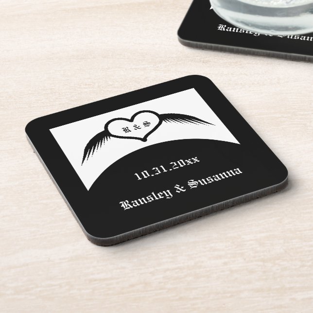 Gothic Wedding Winged Heart Custom Monogrammed Coaster (Left Side)