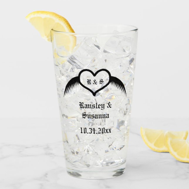 Gothic Wedding Winged Heart Custom Monogrammed Glass (Front Ice)
