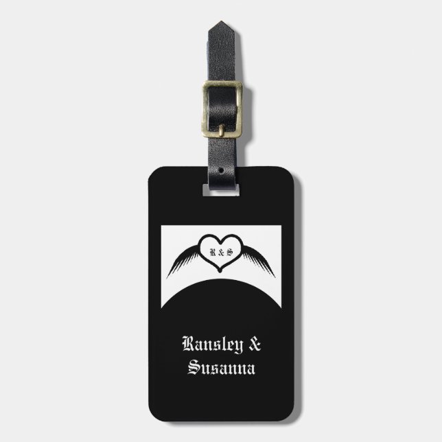 Gothic Wedding Winged Heart Custom Monogrammed Luggage Tag (Front Vertical)