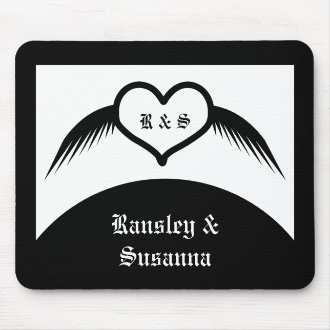 Gothic Wedding Winged Heart Custom Monogrammed Mouse Mat (Front)