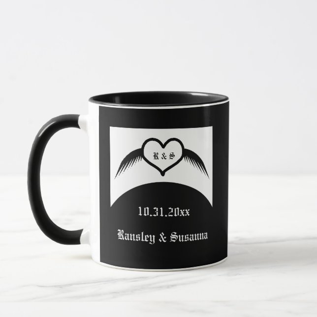 Gothic Wedding Winged Heart Custom Monogrammed Mug (Left)