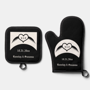 Gothic Wedding Winged Heart Custom Monogrammed Oven Mitt & Pot Holder Set