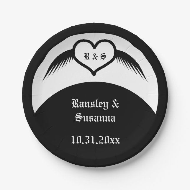 Gothic Wedding Winged Heart Custom Monogrammed Paper Plate (Front)
