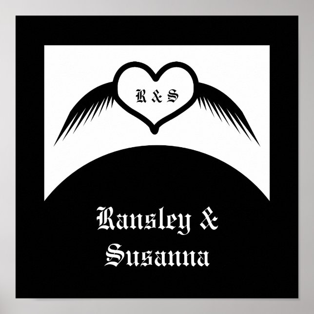 Gothic Wedding Winged Heart Custom Monogrammed Poster (Front)