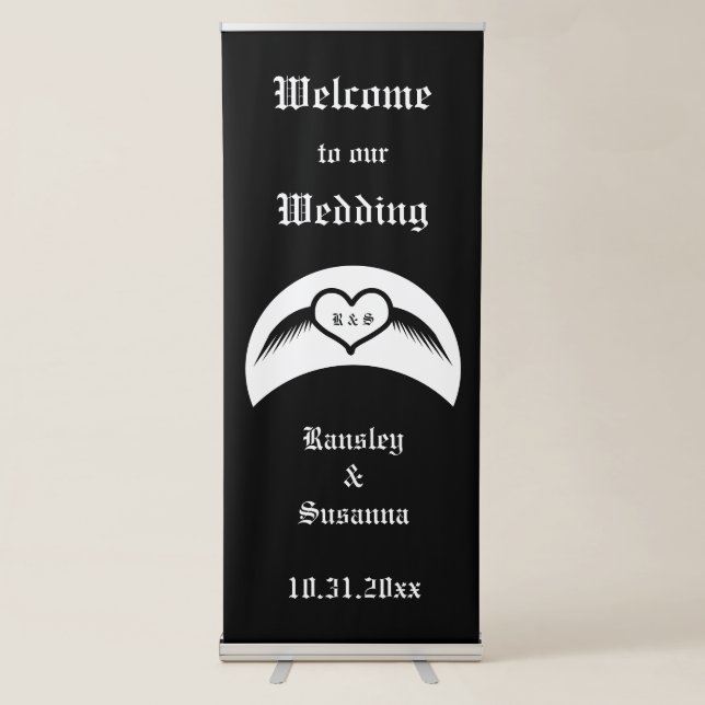 Gothic Wedding Winged Heart Custom Monogrammed Retractable Banner (Front)