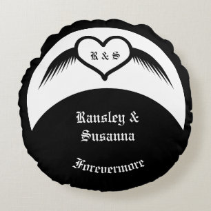 Gothic Wedding Winged Heart Custom Monogrammed Round Cushion
