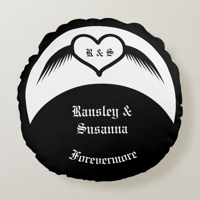 Gothic Wedding Winged Heart Custom Monogrammed Round Cushion (Front)