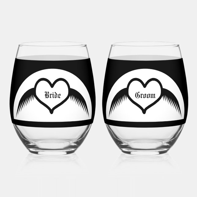 Gothic Wedding Winged Heart Custom Monogrammed Stemless Wine Glass (Front)