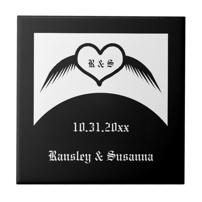 Gothic Wedding Winged Heart Custom Monogrammed Tile (Front)