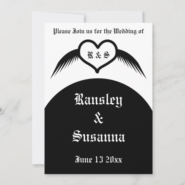 Gothic Wedding Winged Heart Monogrammed Wedding Invitation (Front)