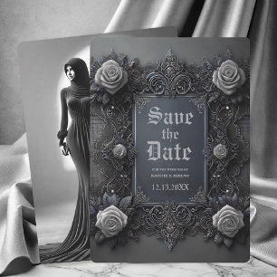 Gothic White Grey Floral Photo Save the Date
