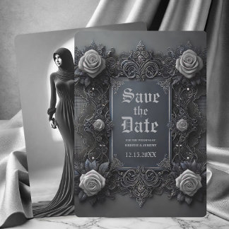 Gothic White Grey Floral Photo Save the Date
