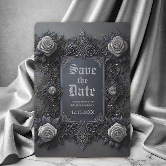 Gothic White Grey Floral Wedding Save the Date