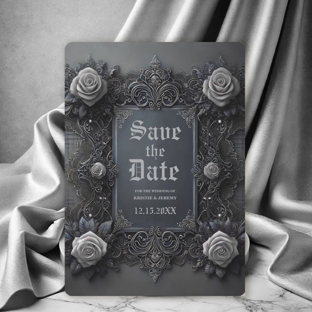 Gothic White Grey Floral Wedding Save the Date (Gothic Wedding Save the Date with white roses on dark gray background.)