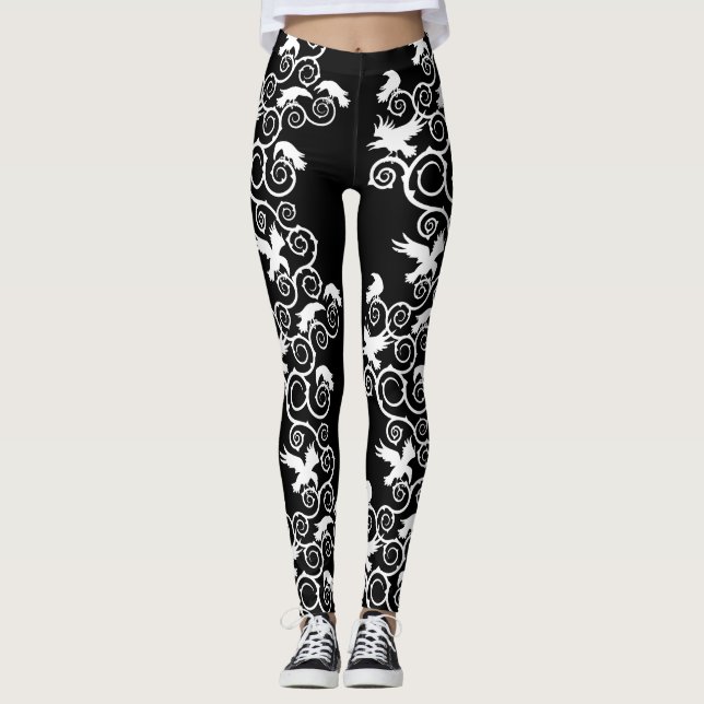 Gothic White Ravens and Thorns Leggings (Front)