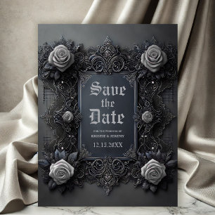 Gothic White Roses on Grey Save the Date Announcement Postcard