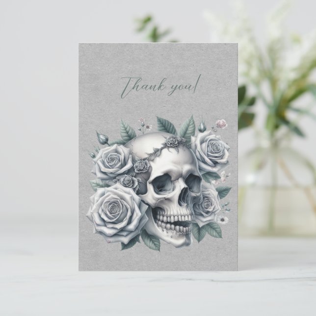 Gothic White Skull Crown of Roses Thank You Card (Standing Front)
