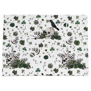 Gothic White St Patricks Day Floral Skulls Irish  Large Gift Bag