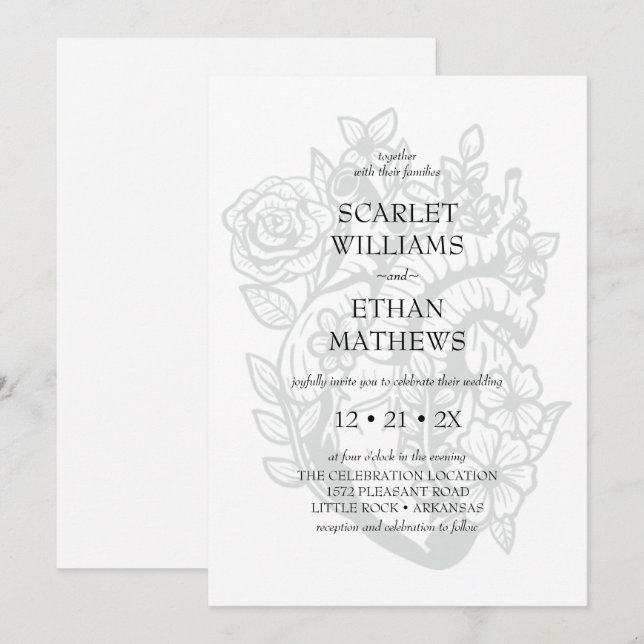 Gothic White Wedding Modern Elegant Floral Heart Invitation (Front/Back)