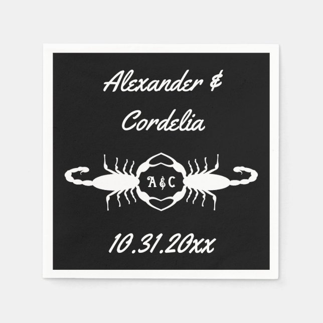 Gothic White Wedding Scorpions Custom Monogrammed Napkin (Front)