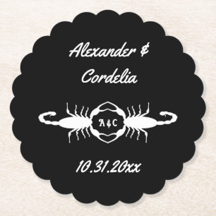 Gothic White Wedding Scorpions Custom Monogrammed Paper Coaster