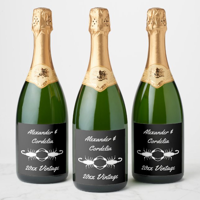 Gothic White Wedding Scorpions Custom Sparkling Wine Label (Bottles)