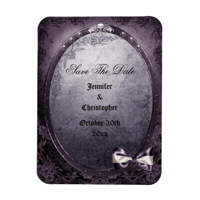 Gothic Winged Skull Purple Save The Date Wedding Magnet (Vertical)