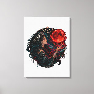 Gothic Witch and Crimson Blood Moon Fantasy Art Canvas Print