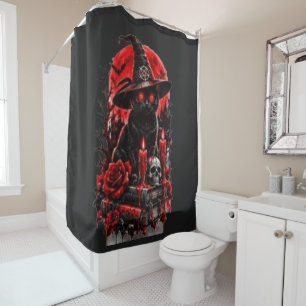 Gothic Witch Black Cat Halloween Skull Candle Desi Shower Curtain