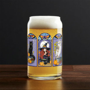 Gothic Witch Black Cat Owl Halloween Art Nouveau  Can Glass