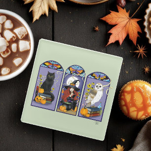 Gothic Witch Black Cat Owl Halloween Art Nouveau Glass Coaster