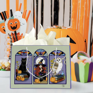 Gothic Witch Black Cat Owl Halloween Art Nouveau Large Gift Bag