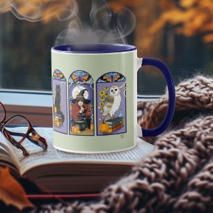 Gothic Witch Black Cat Owl Halloween Art Nouveau  Mug