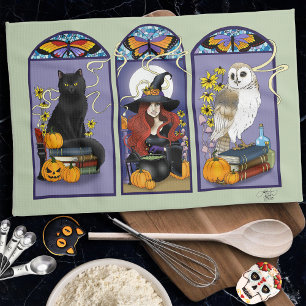 Gothic Witch Black Cat Owl Halloween Art Nouveau Tea Towel