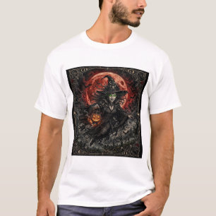 Gothic Witch Green Eyes Blood Moon Pumpkin Lantern T-Shirt