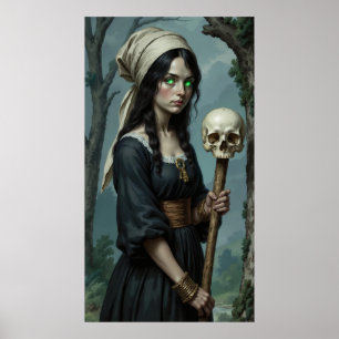 Gothic Witch Green Eyes Skull Staff Poster