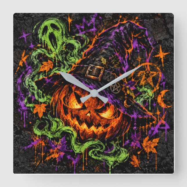 Gothic Witch Halloween Pumpkin Wall Clock (Front)