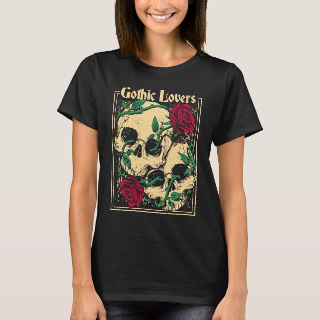 Gothic  Witch Pagan Wiccan Wicca Roses & Skulls T-Shirt (Front)