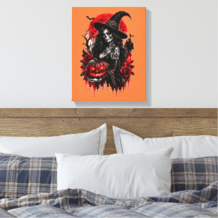 Gothic Witch Pumpkin Halloween Black Cat Spooky De Canvas Print