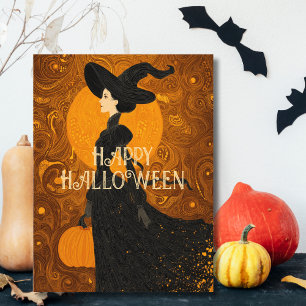 Gothic Witch Pumpkin Halloween Elegant Art Nouveau Postcard