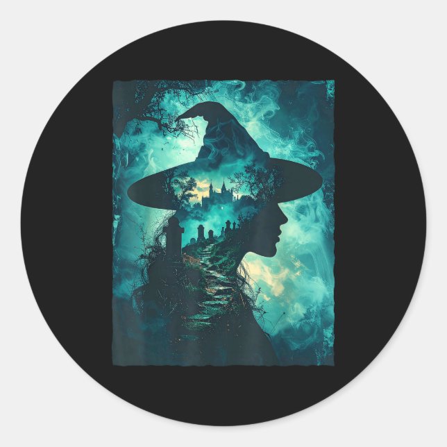Gothic witch silhouette haunted castle graveyard classic round sticker (Front)