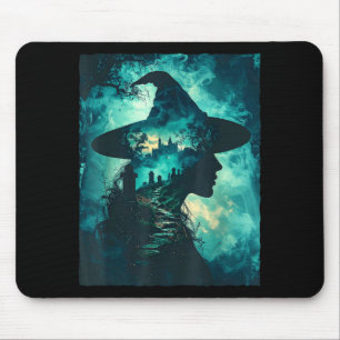 Gothic witch silhouette haunted castle graveyard mouse mat