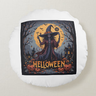 Gothic Witch Under the Full Moon – Dark Halloween  Round Cushion