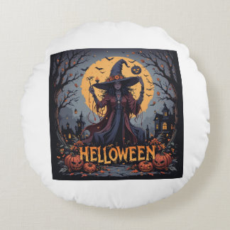 Gothic Witch Under the Full Moon – Dark Halloween  Round Cushion