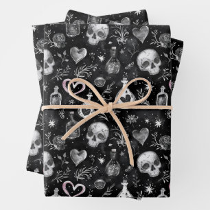 Gothic Witchcraft Love Potion Skull hearts Wrapping Paper Sheet