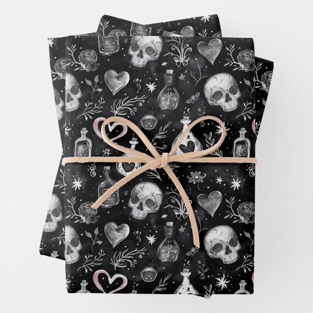 Gothic Witchcraft Love Potion Skull hearts Wrapping Paper Sheet (In situ)