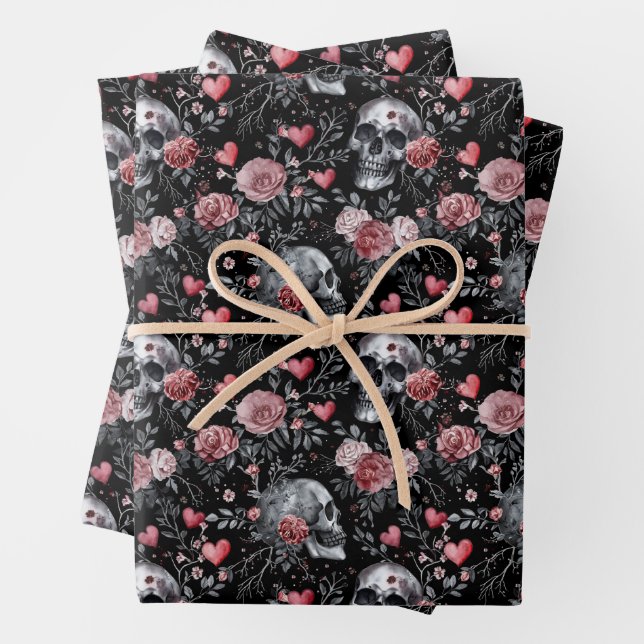 Gothic Witchcraft Skulls with Roses  Wrapping Paper Sheet (In situ)