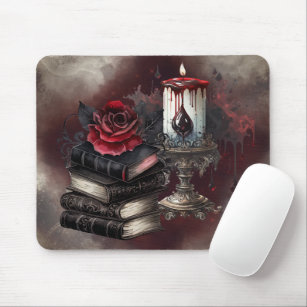 Gothic Witchery   Dark Red Witchy Tomes and Candle Mouse Mat