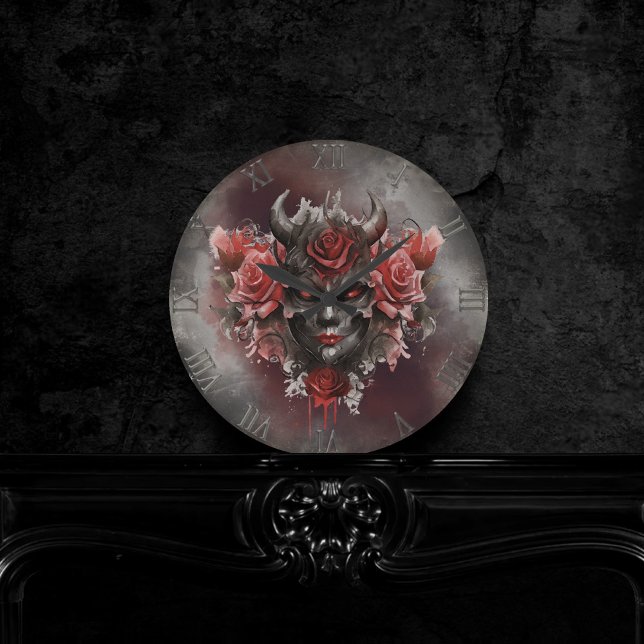 Gothic Wizardry | Dark Horned Demon with Red Eyes Round Clock (Creator Uploaded)