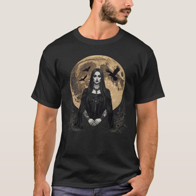 gothic woman and ravens over the moon T-Shirt (Front)
